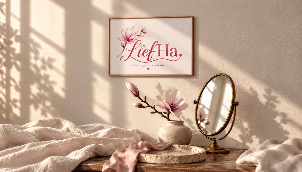 Framed LiefHa wall art above magnolia flowers, soft linen and a brass mirror