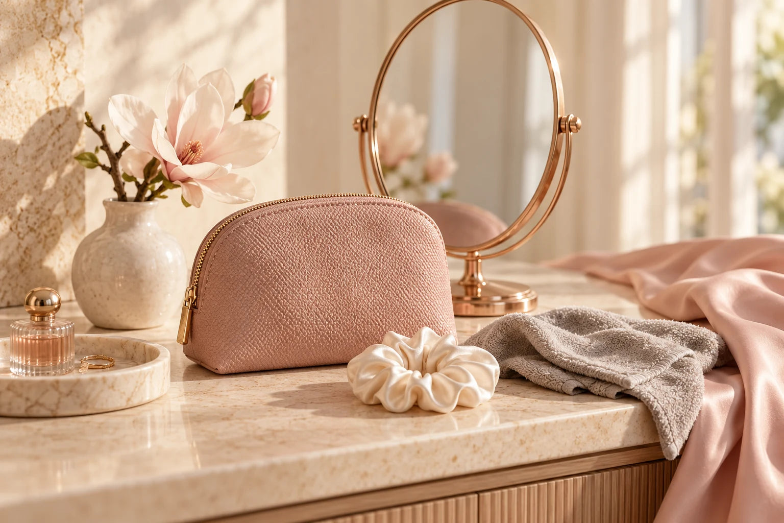 Blush pouch, soft beauty cloth and satin scrunchie on a sunlit boutique vanity